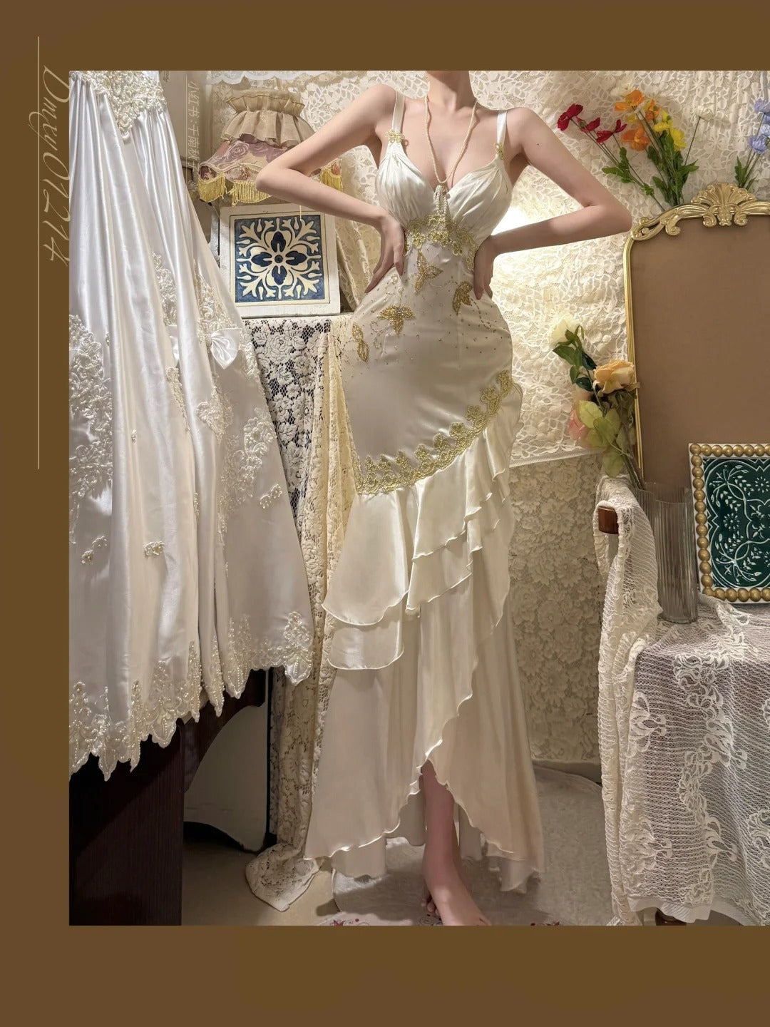 Ivory Exquisite Gold Beading Long Satin Mermaid Slim Fit Ruffle Ball Gown Evening Gown Party Dress gh4252