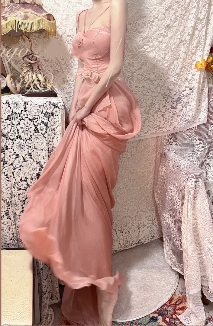Pink floral long chiffon ball gown party gown graduation gown gh4505