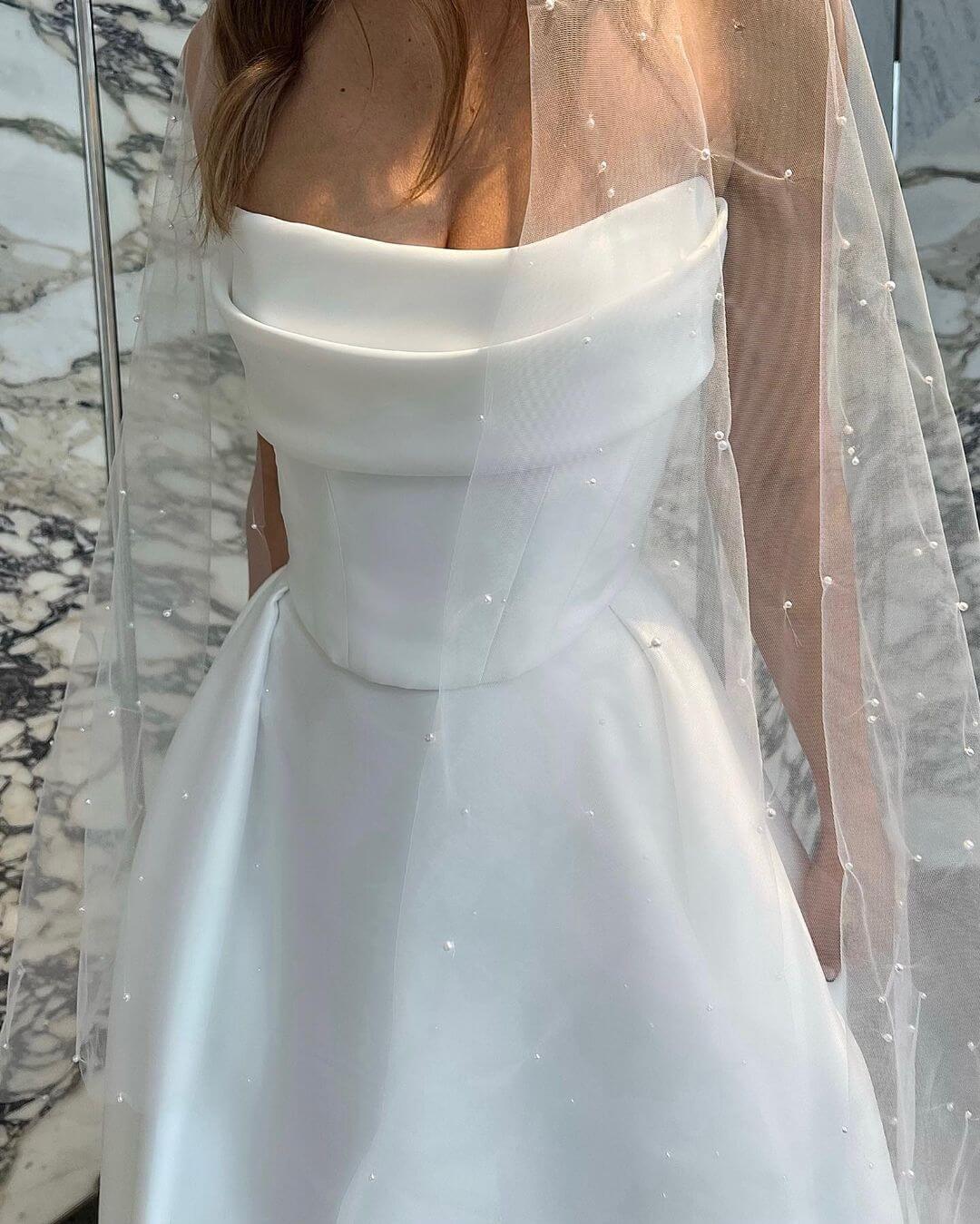 Beach White Satin Wedding Dresses Simple,Split Ivory Bridal Gowns with Train