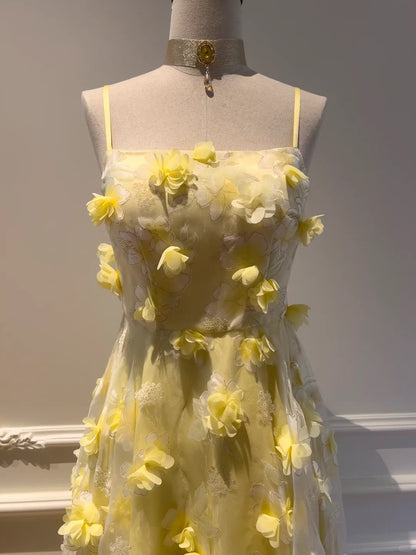 Yellow Floral Spaghetti Strap Chiffon Party Dress gh4948