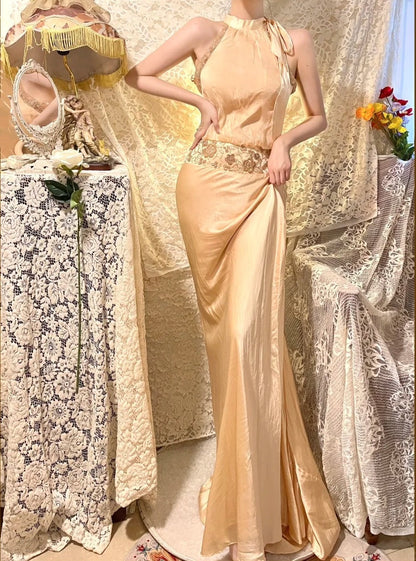 Champagne colored camisole exquisite bead embellishment long satin ball gown evening gown gh4510