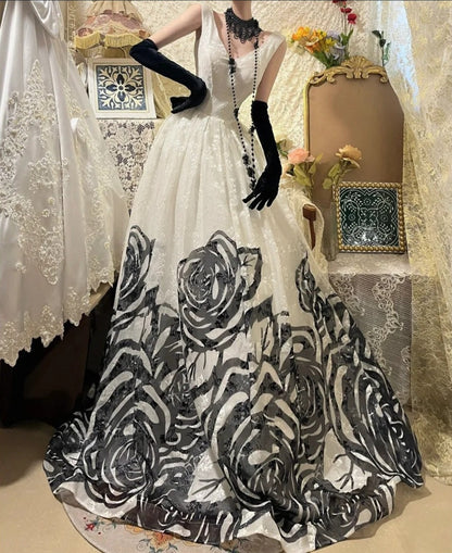 _£ï_Blooming black roses gorgeous retro dark night rose dress Hepburn-feel long tulle ball gown evening dress gh4338