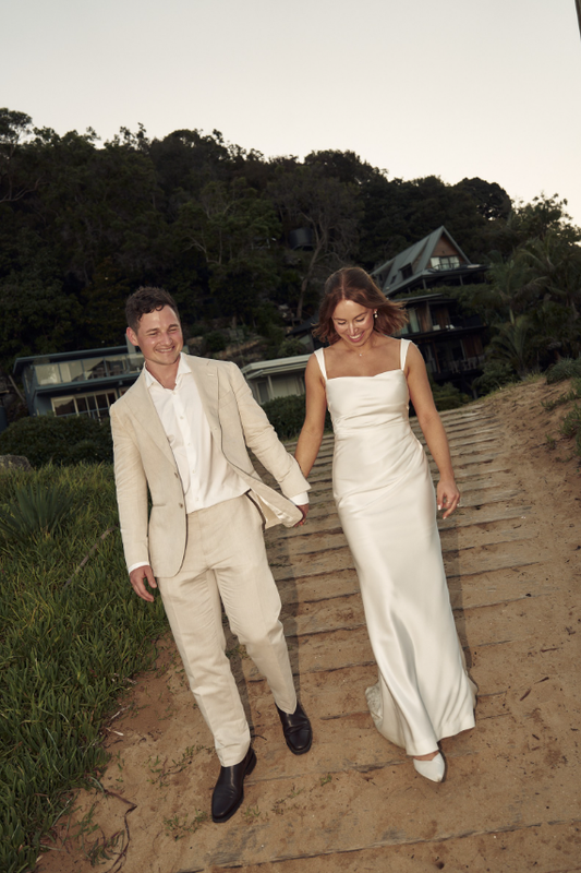 Simple Elegant Sheath Strap White Satin Long Sweep Wedding Dress SH2249