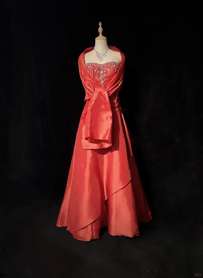 Red Gorgeous Vintage Shiny Elegant Delicate Rhinestone Beaded Satin Floor Length Fairy Ball Gown Evening Gown Party Gown Prom Gown Red Waltz gh3854