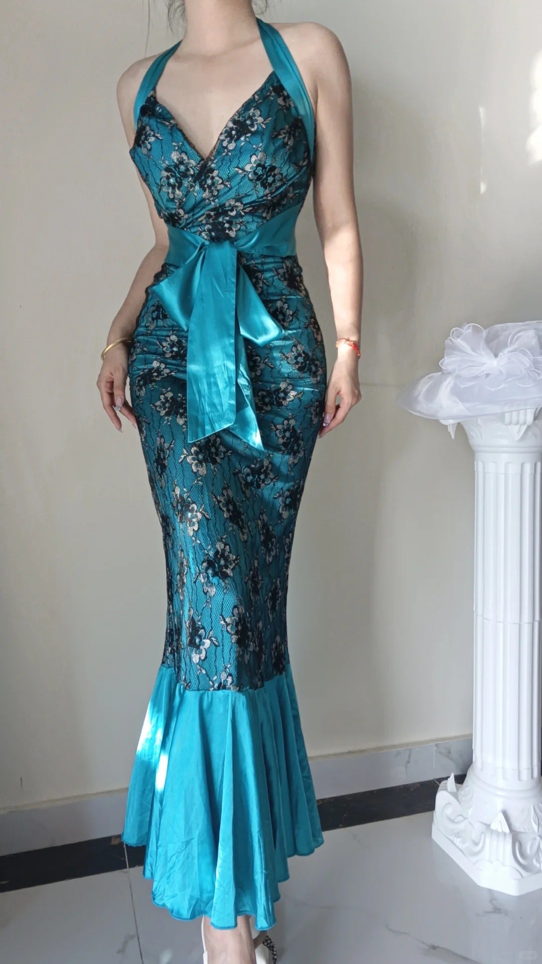 Blue Vintage Floral Elegant Long Satin Mermaid Slim Fit Ball Gown Evening Gown Party Dress gh4710
