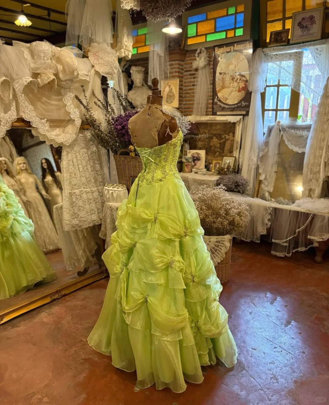 Green beaded long tulle vintage elegant ball gown evening dress gh5044