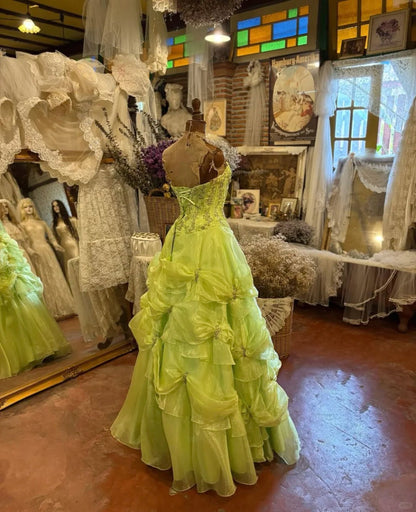 Green beaded long tulle vintage elegant ball gown evening dress gh5044