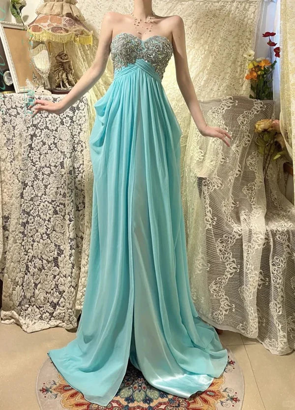 Blue beaded beautiful mermaid long chiffon ball gown evening dress party dress gh4441