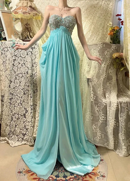 Blue beaded beautiful mermaid long chiffon ball gown evening dress party dress gh4441