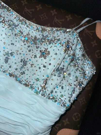 Gentle Mermaid Spaghetti Strap Beaded Blue Chiffon Satin Prom Dress Party Dress SH3075