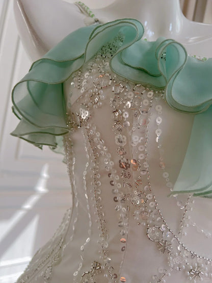 Mint Green Beaded Flowing Long Chiffon Ball Gown Birthday Party Dress Evening Dress gh4407