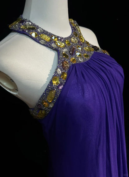 Purple Vintage Fashion Elegant Exquisite Gem Rhinestone Beading Long Floor Length Tulle Ball Gown Evening Dress Party Dress Prom Dress gh3863