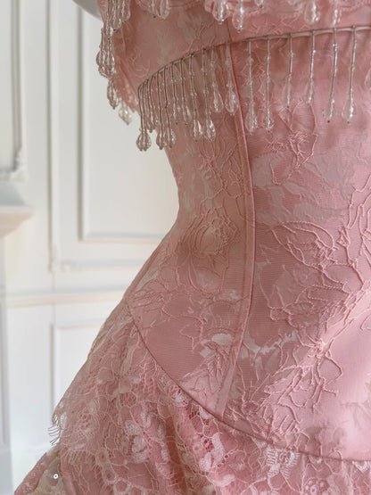 Pink Lace Vintage Flowy long/Short Homecoming Dress Chiffon Ball Gown Birthday Party Dress gh4406