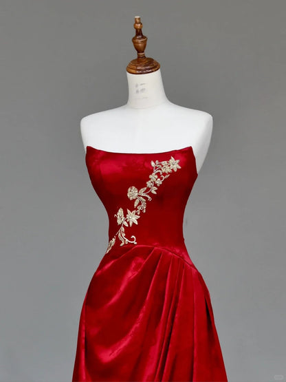 preppydressess -Red floral applique long satin prom dress evening gown party dress gh5113