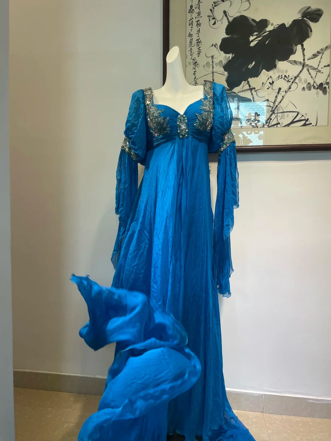 Blue Vintage Long Sleeve Beaded Long Chiffon Prom dresses Evening Gown Party Dress gh4941