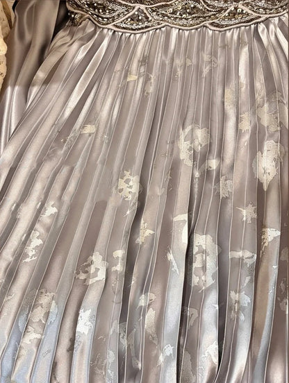 Grey beaded shiny elegant V-neck long satin ball gown evening gown gh4504