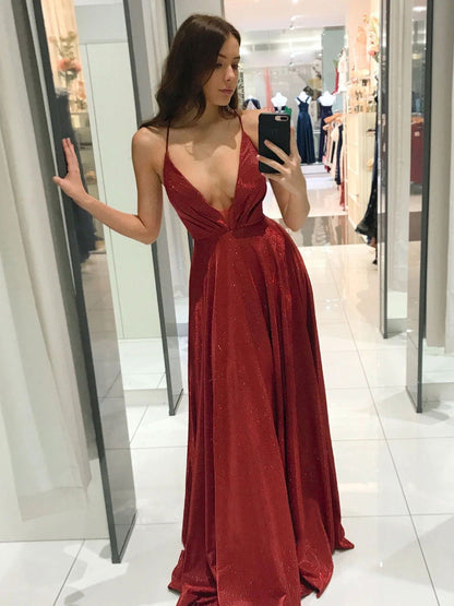 Simple v neck A line long prom dress, burgundy evening dress