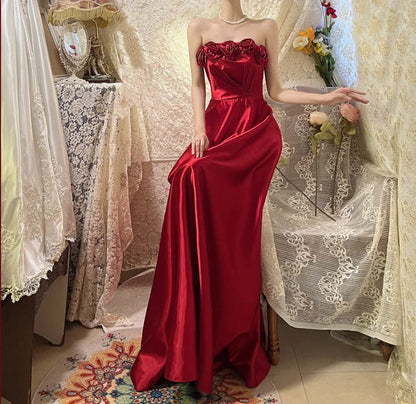Red delicate floral long elegant satin ball gown evening dress gh4436