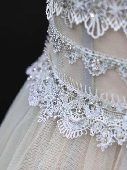 Mint green elegant lace long tulle prom dress evening dress party dress gh5124