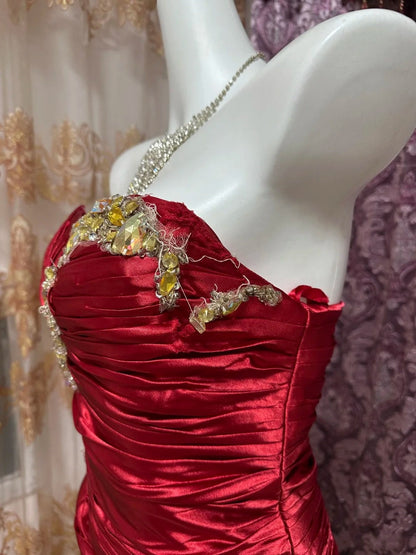 Red Beaded Short Satin Ruffle Homecoming Ball Gown gh4640