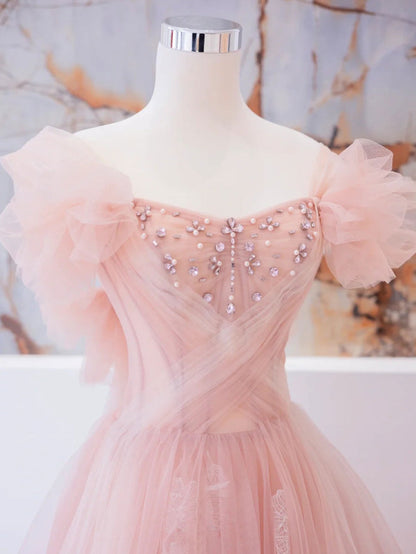 Pink tulle lace beads long prom dress, pink A line evening dress SA1622