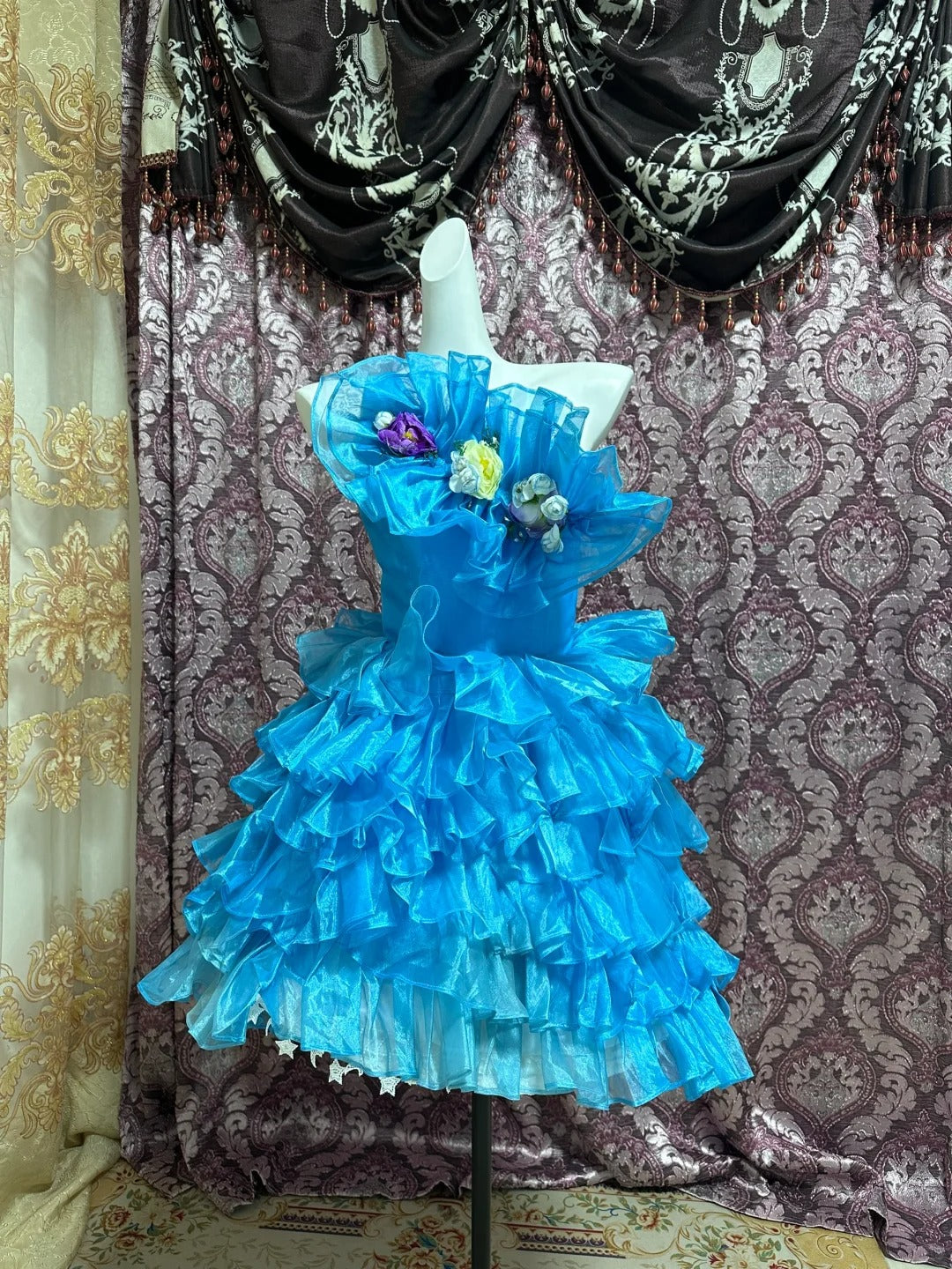 Blue Floral Ruffle Short Tulle Homecoming Dress Prom Gown gh4641