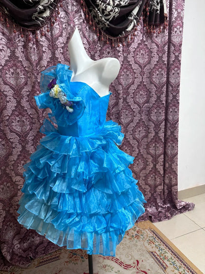 Blue Floral Ruffle Short Tulle Homecoming Dress Prom Gown gh4641