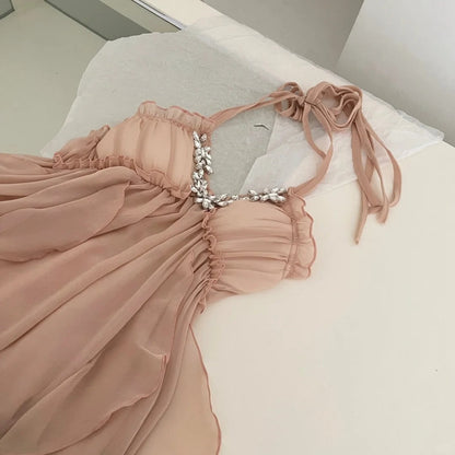 Light pink beautiful holiday dress French atmosphere high-end halter neck deep V backless dress gh4563