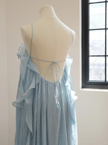 Blue floral halter long backless chiffon party dress wedding guest dress gh5063