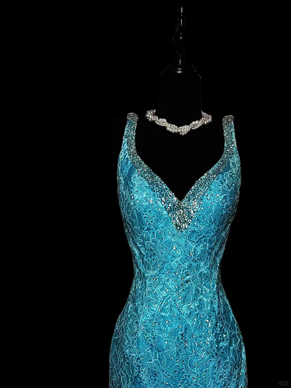 Blue Shiny Fashion Elegant V-neck Floral Long Mermaid Slim Fishtail Skirt Satin Floor Length Train Ball Gown Evening Gown Party Dress Prom Dress gh3818