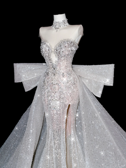 Exquisite Dreamy Mermaid Beaded Pearl Sequin White Tulle Prom Dress Party Dress with Slit SH3492