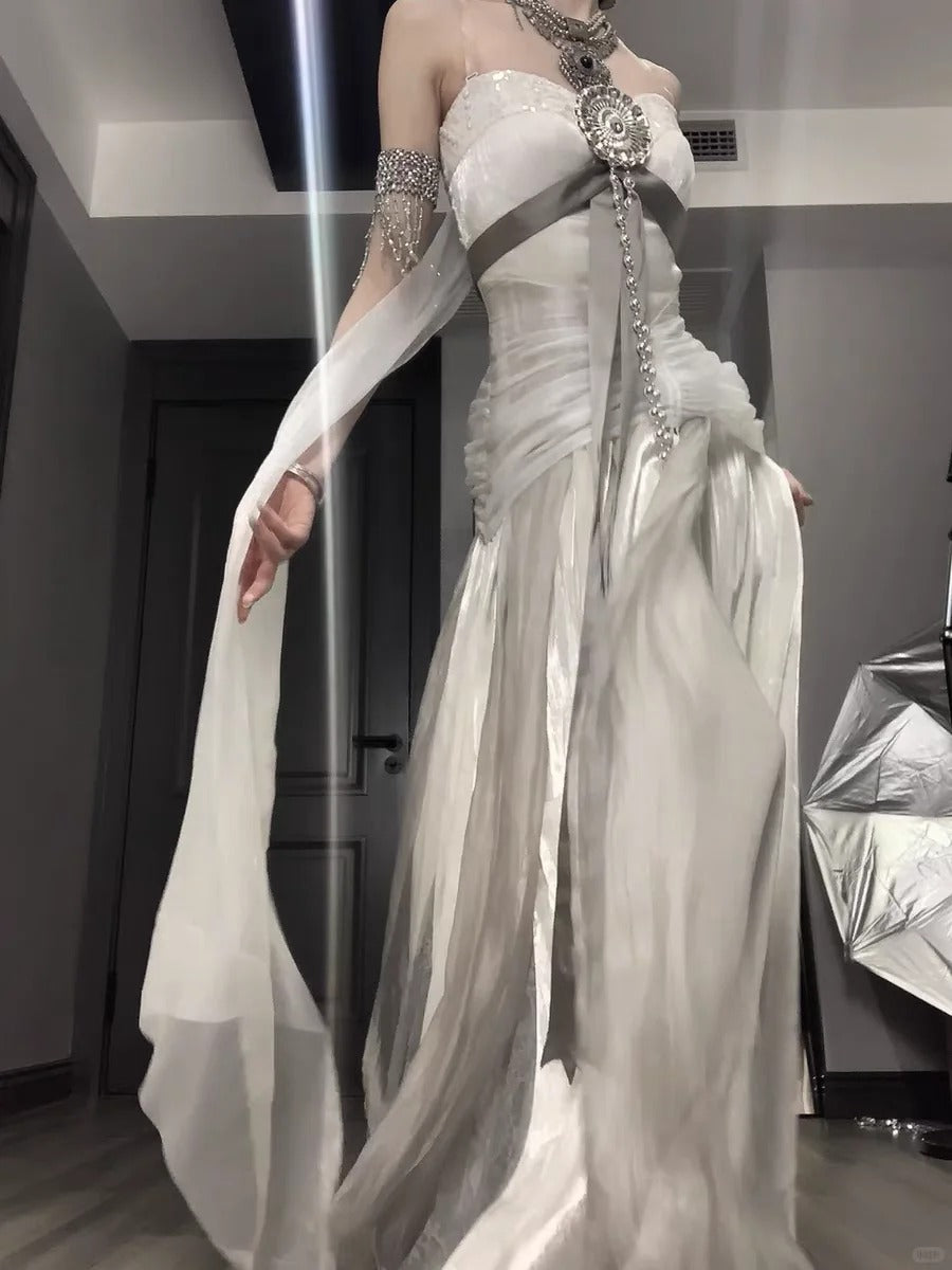 White and gray fairy long satin tulle ball gown evening gown graduation gown gh4492