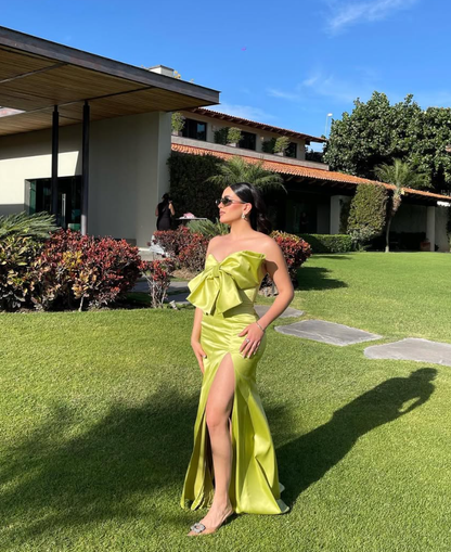 2025 New Mermaid Strapless Bow Green Satin Prom Dress Graduation Prom Dress with Slit SH2471