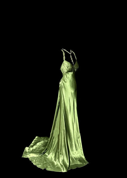 Green Retro Elegant Fashion Exquisite Beaded Shoulder Straps Long Floor Length Trailing Satin Prom Dress Evening Gown Graduation Gown gh4002