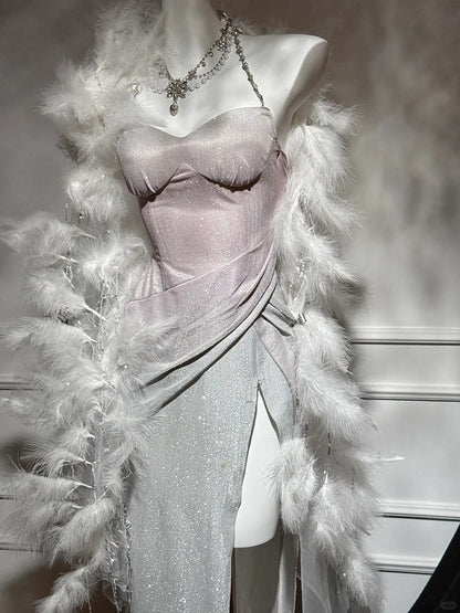 Pink silver shiny fashion modern gradient long satin elegant ball gown evening dress dinner dress gh4731