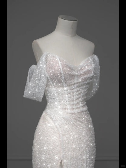 White Sparkling Elegant Mermaid Long Tulle Slimming Prom dress Evening Dress Party Dress gh4991