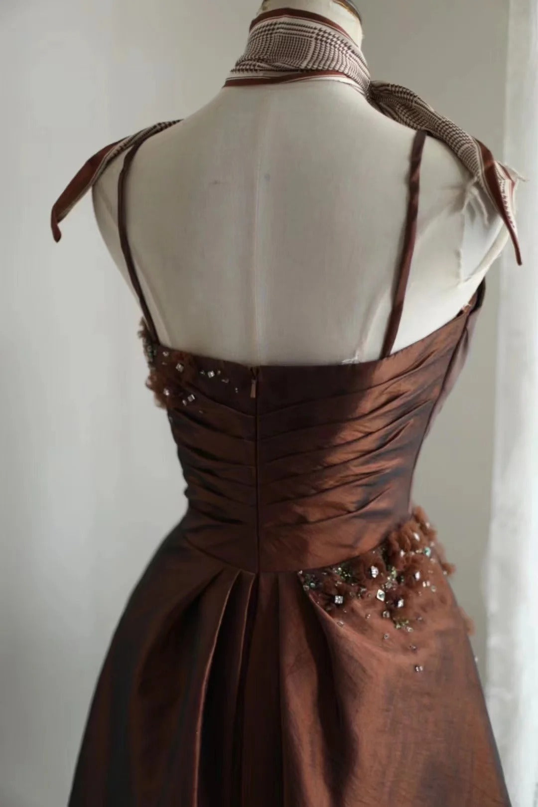 Brown retro palace puff short homecoming dress princess dress taffeta satin handmade beading adult ceremony birthday party gh4374