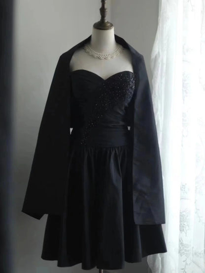 Black Vintage Cute Elegant Exquisite Sweetheart Neckline Pleated Short Princess Taffeta Homecoming Dress Prom Dress Evening Dress Party Dress gh4167