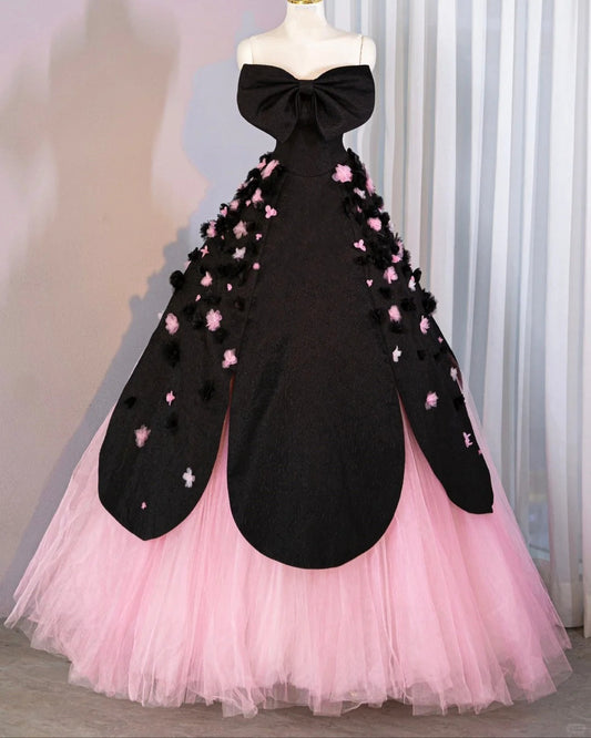 Black satin pink floral long floor length tulle ball gown evening dress gh4548