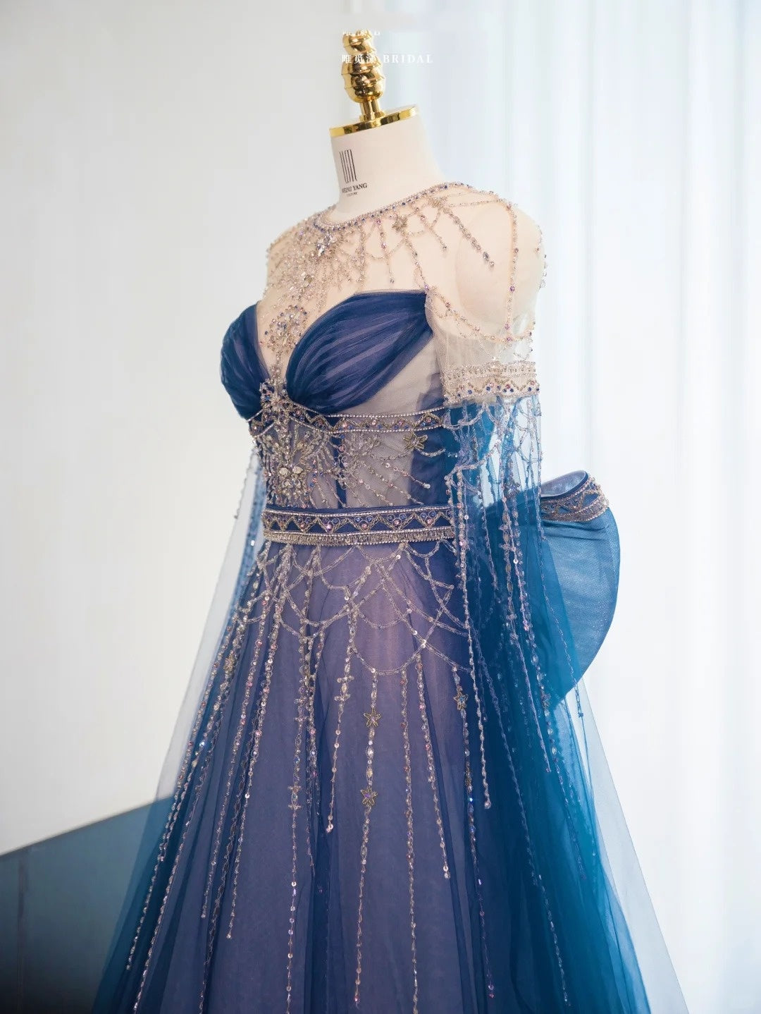 Blue gorgeous shiny beaded long floor-length tulle ball gown evening gown graduation gown gh4553