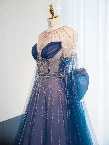 Blue gorgeous shiny beaded long floor-length tulle ball gown evening gown graduation gown gh4553