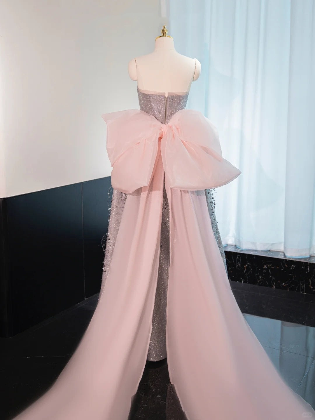Silver gorgeous shiny pink bow long floor-length sequined ball gown evening dress graduation dress gh4552