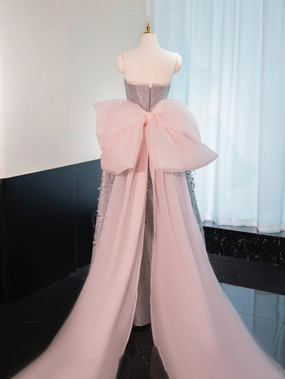 Silver gorgeous shiny pink bow long floor-length sequined ball gown evening dress graduation dress gh4552