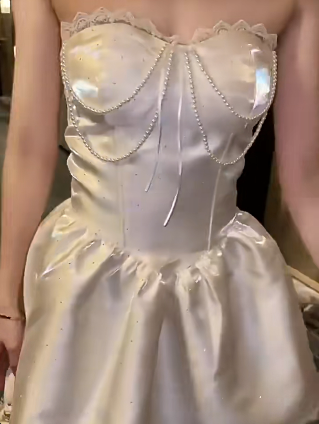 Classy Strapless White Satin Beaded Birthday Outfits A Line Short Homecoming Dress S426