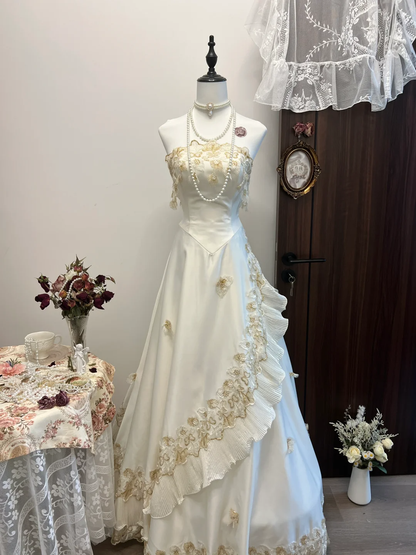 Vintage A Line Strapless Golden Appliques White Satin Long Prom Dress Party Dress SH3032