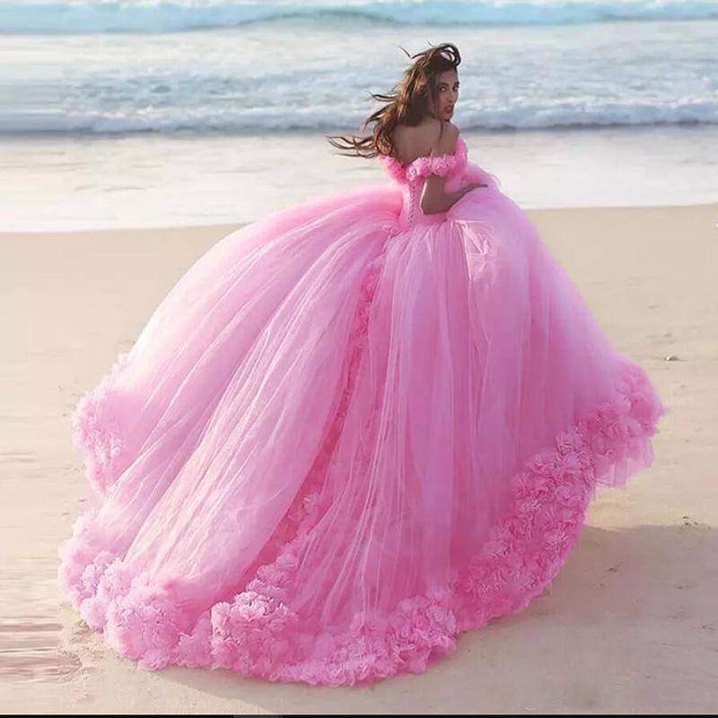 Romantic Poofy Pink Floral Wedding Dresses Off the Shoulder Ball Gown Quinceanera Dress SA933