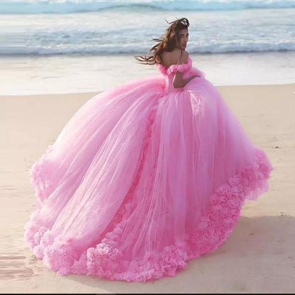 Romantic Poofy Pink Floral Wedding Dresses Off the Shoulder Ball Gown Quinceanera Dress SA933