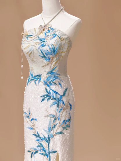 White Luxury Gorgeous Shiny Unique Fashion Elegant Exquisite Floral Bamboo Beads Sequins Suspender Long Ball Dress Evening Dress Bridal Wedding Reception Dress Prom Dress gh4026