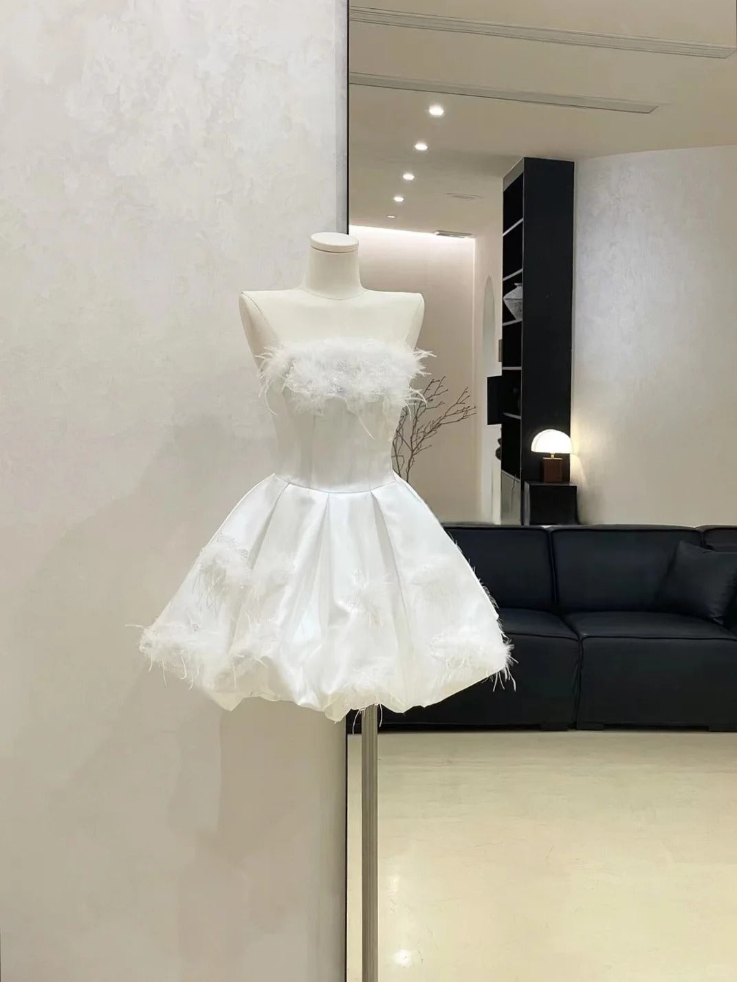 White feather beautiful princess homecoming dress short satin ball gown evening dress birthday dress gh4524