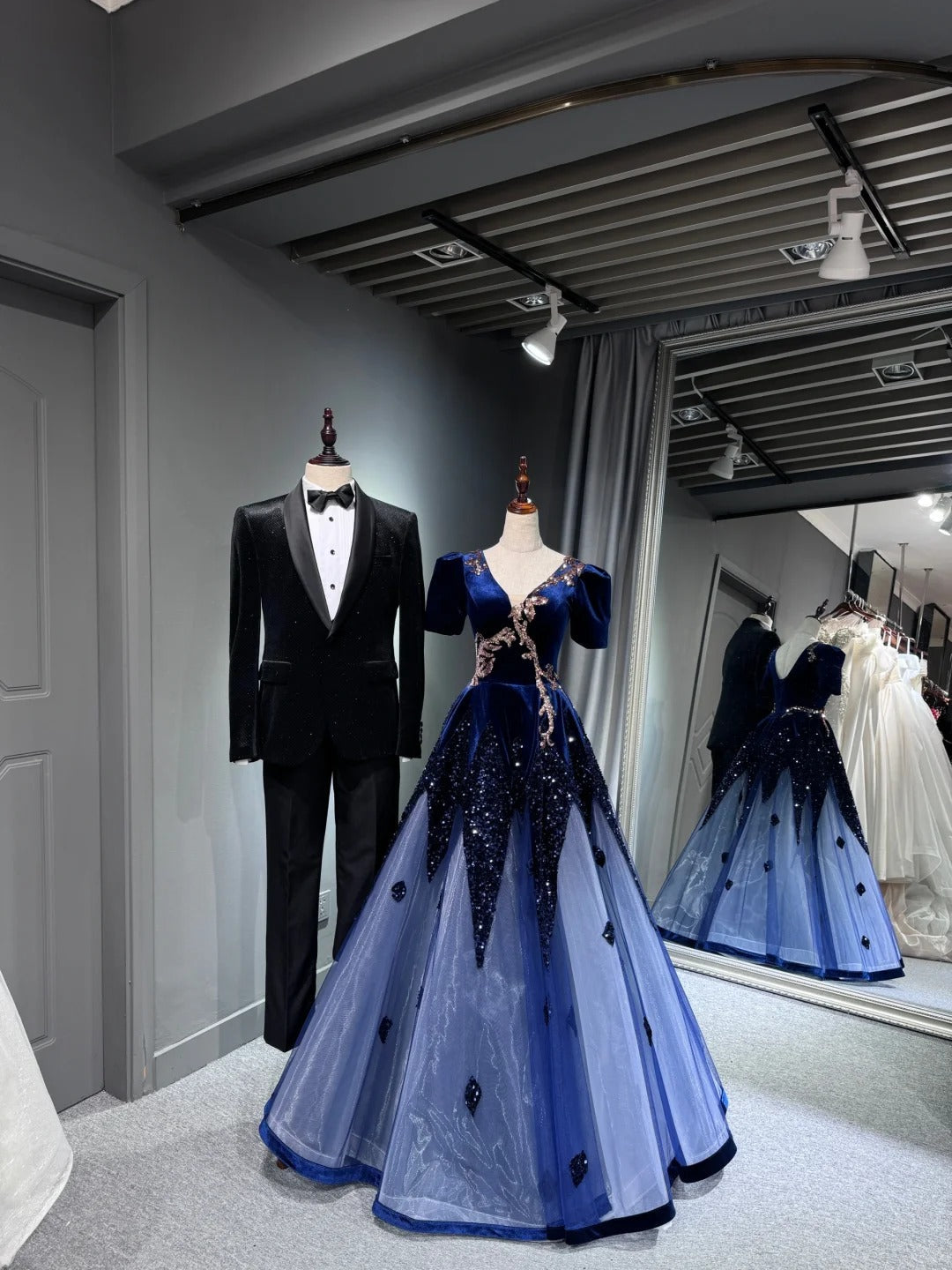 preppydressess -Blue shiny long sequined tulle ball gown evening dress graduation dress gh5110